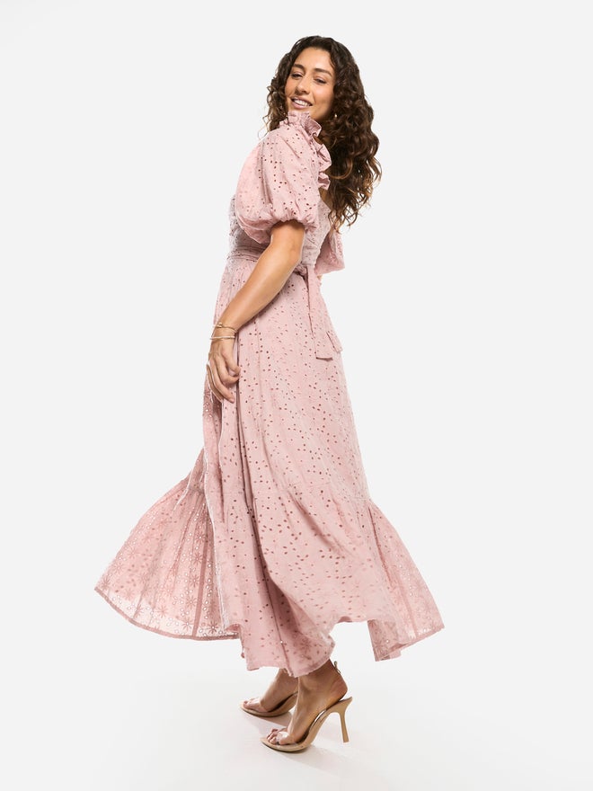 House of Moda Schiffli Puff Sleeves A-Line Maxi Dress - Image 5