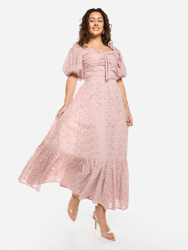 House of Moda Schiffli Puff Sleeves A-Line Maxi Dress - Image 3