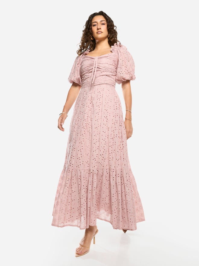 House of Moda Schiffli Puff Sleeves A-Line Maxi Dress - Image 1