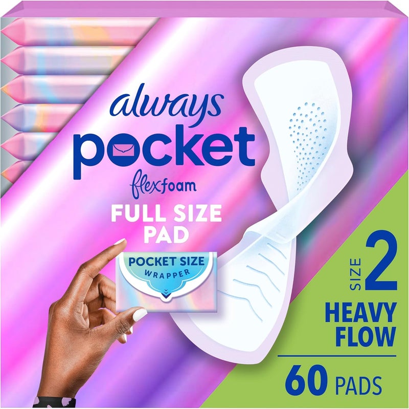 Always Pocket Feminine Pads for Women with FlexFoam, Size 2, Heavy Flow, with Wings, Unscented, 60 Count