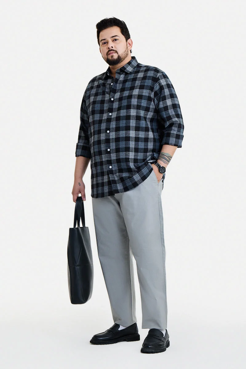 سنيتش Black Checkered Long Sleeve Regular Fit Plus Size Shirt