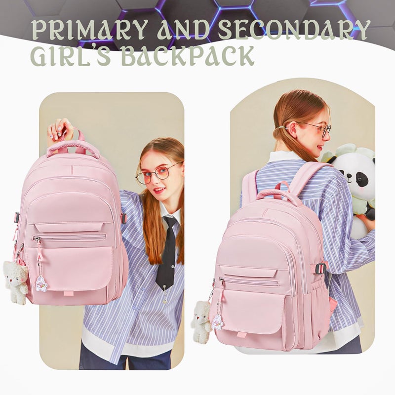 PRLINJSK Girls Backpack for College High Middle School Student, Cute Aesthetic Bookbag for Teens Women with Accessories,Pink - Image 2
