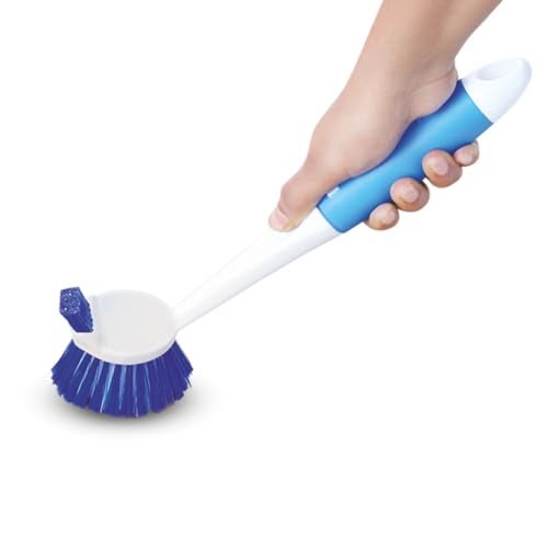 Kleeno Cello Kleeno Dual Action Sink & Dish Brush, Blue & White | Flexible Bristles, Hanging Provision | Rubberised Handle & Tough Bristles for Stubborn Stains |Plastic Kitchen Sink Basin Wash Cleaning Brush - Image 1