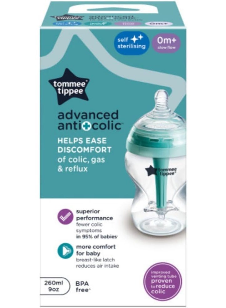 tommee tippee Advanced Anti+Colic Feeding Bottle Slow Flow Breast Like Teat Soft Silicone Nipple BPA Free 0M+ 260 ML - Image 2