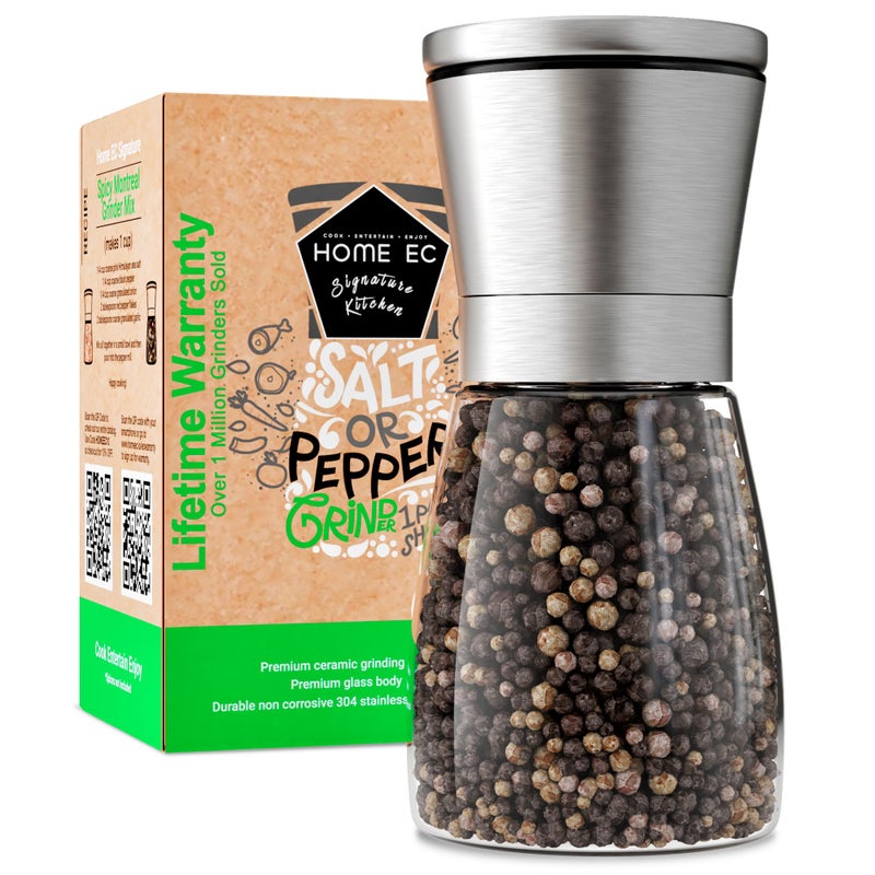 HOME EC Original Stainless Steel Salt or Pepper Grinder 1pk  Adjustable Ceramic Sea Salt Grinder or Pepper Mill  Tall Glass Spice Shaker  Spice Mill wEBook