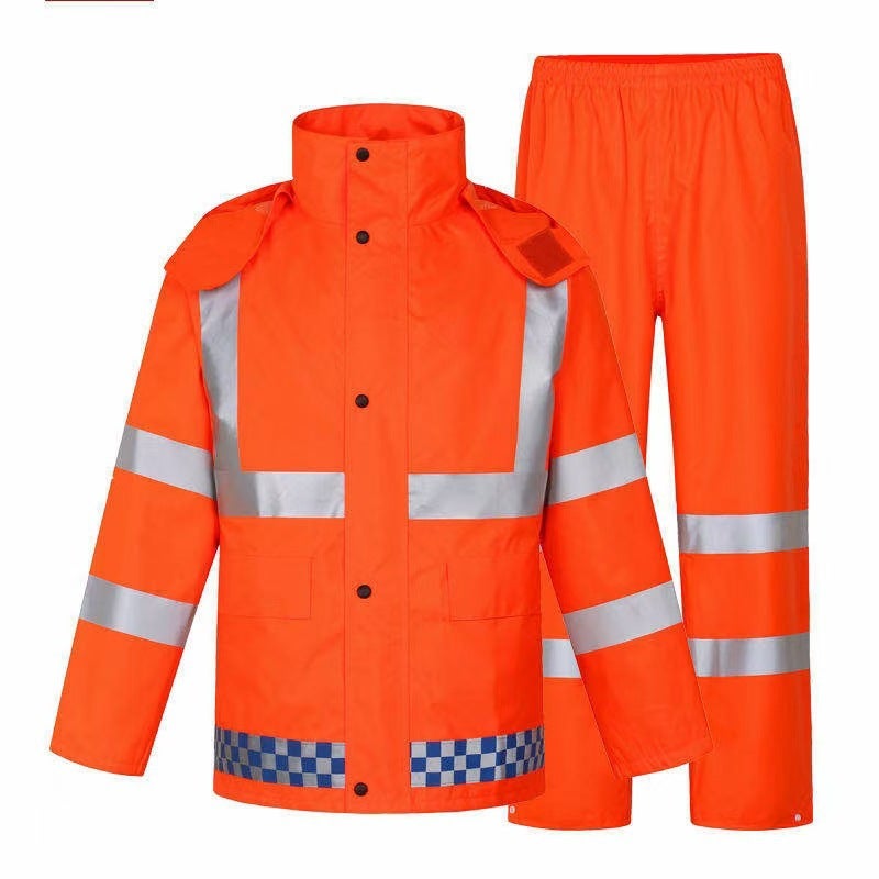 Reflective Raincoat Pants Set for Men - Thickened Full Body Rainproof Gear Orange 300D + PU 