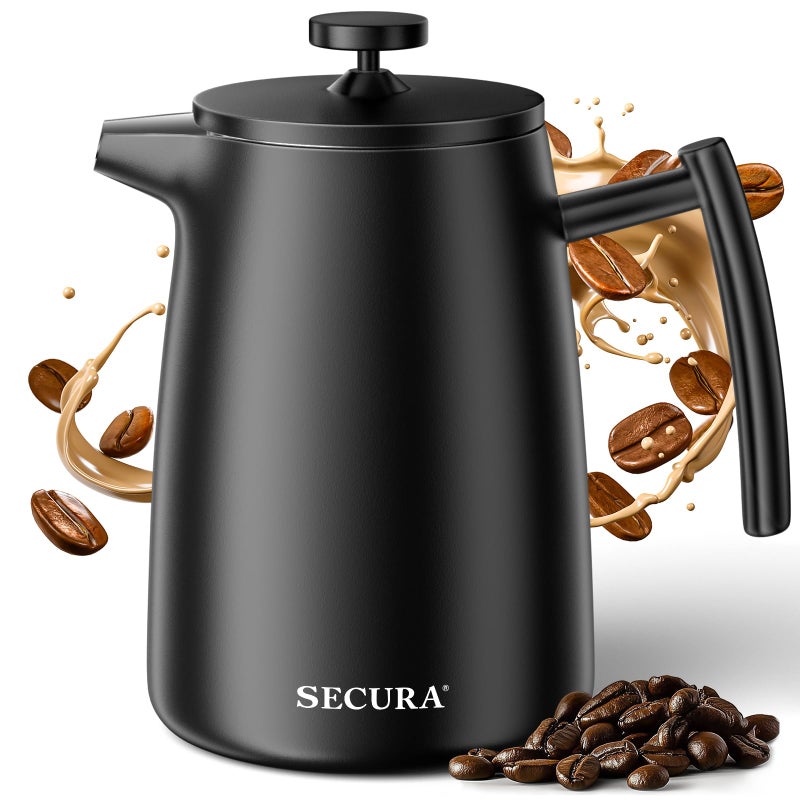 Secura 50oz French Press Coffee Maker â€“ 304 Stainless Steel, Insulated Coffee Press with Extra Filter, Black - Image 1