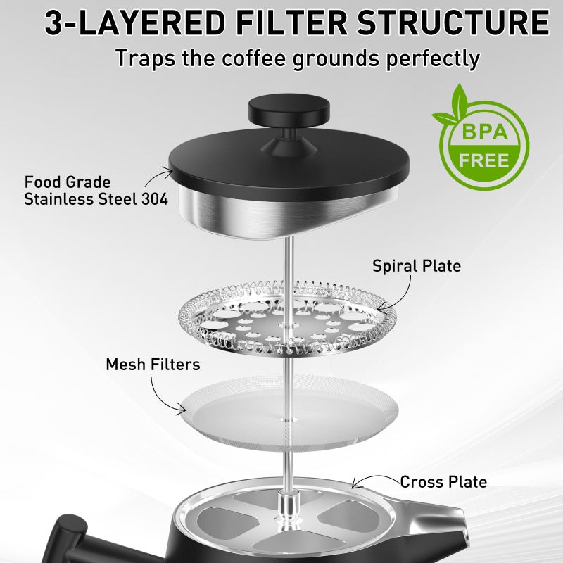 Secura 50oz French Press Coffee Maker â€“ 304 Stainless Steel, Insulated Coffee Press with Extra Filter, Black - Image 3