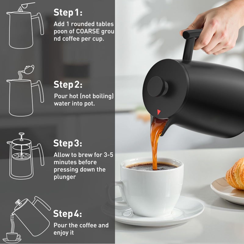 Secura 50oz French Press Coffee Maker â€“ 304 Stainless Steel, Insulated Coffee Press with Extra Filter, Black - Image 4