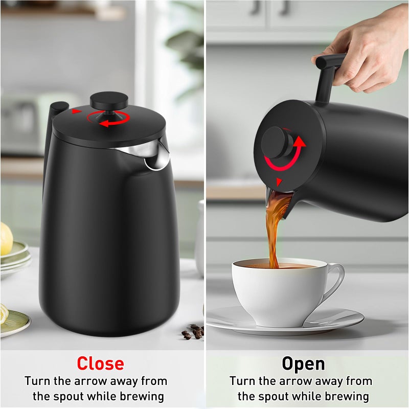 Secura 50oz French Press Coffee Maker â€“ 304 Stainless Steel, Insulated Coffee Press with Extra Filter, Black - Image 2