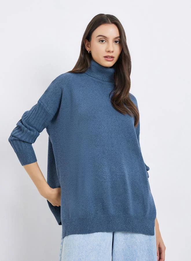 تايك تو سويتر سادة بياقة عالية وأكمام طويلة بقصة واسعة