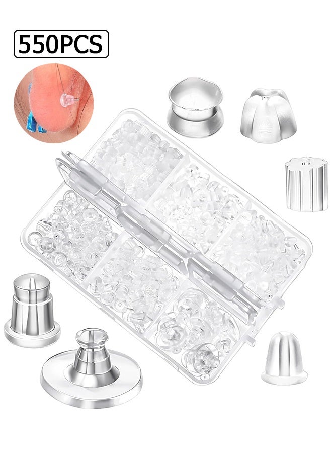 Wffo Clear Earring Support - 550 Pcs Earring Support - 6 Styles - Soft Silicone Earring Support - Earring Supporter & Stopper for Comfortable Wear - for Studs/Droopy Ears/Heavy Earring - with Box - Image 1