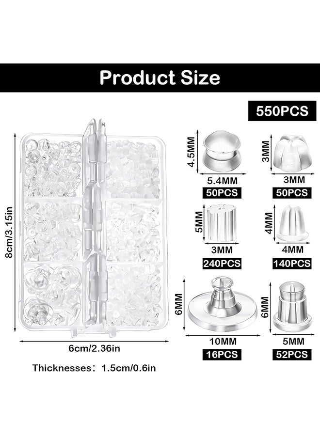 Wffo Clear Earring Support - 550 Pcs Earring Support - 6 Styles - Soft Silicone Earring Support - Earring Supporter & Stopper for Comfortable Wear - for Studs/Droopy Ears/Heavy Earring - with Box - Image 2
