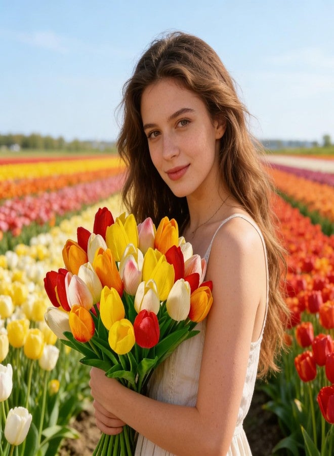 LUOKER Tulips Artificial Flowers, 15Pcs Fake Flowers, Real Touch PU Faux Tulip Bouquet with Stems,for Home Decor, Wedding, Party, Vase Arrangement, DIY Floral Crafts - Image 4