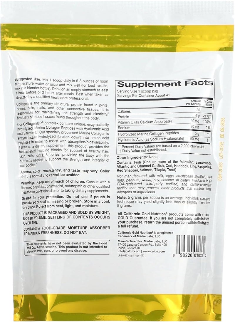 California Gold Nutrition Collagen UP Hydrolyzed Marine Collagen Peptides with Hyaluronic Acid and Vitamin C Unflavored 7.26 oz (206 g)  - Image 5