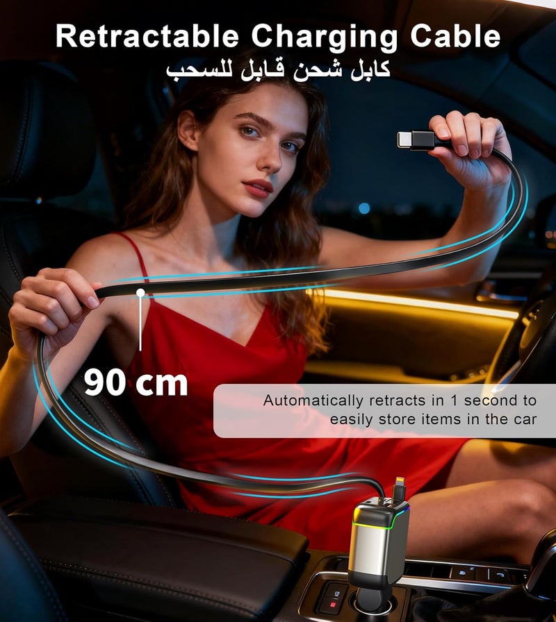 XXZU شاحن السيارة القابل للسحب XXZU 137W، شحن سريع USB C بقوة 65W مع كابلين قابلين للسحب، منفذي شحن، عرض الجهد، ولاعة السجائر، محول شاحن سيارة 4 في 1 لأجهزة iPhone/Android/iPad/Laptop - Image 3
