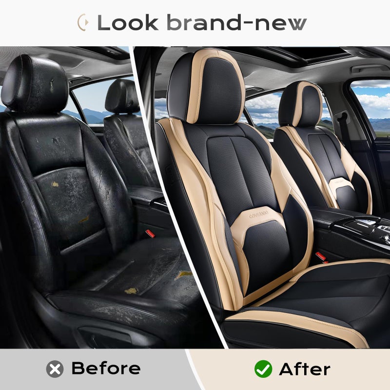 Coverado Seat Covers, Premium Nappa Leather Car Seat Covers Front Seats, Waterproof Car Seat Protector with Lumbar Support, Front Driver Seat Covers Universal Fit for Most Cars (Black&Beige) - Image 5