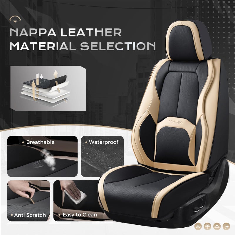 Coverado Seat Covers, Premium Nappa Leather Car Seat Covers Front Seats, Waterproof Car Seat Protector with Lumbar Support, Front Driver Seat Covers Universal Fit for Most Cars (Black&Beige) - Image 4