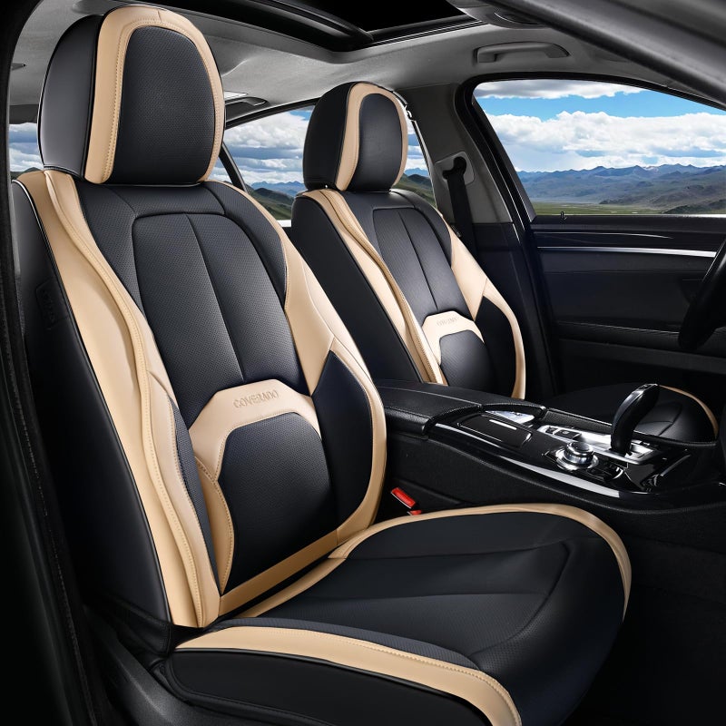 Coverado Seat Covers, Premium Nappa Leather Car Seat Covers Front Seats, Waterproof Car Seat Protector with Lumbar Support, Front Driver Seat Covers Universal Fit for Most Cars (Black&Beige) - Image 1