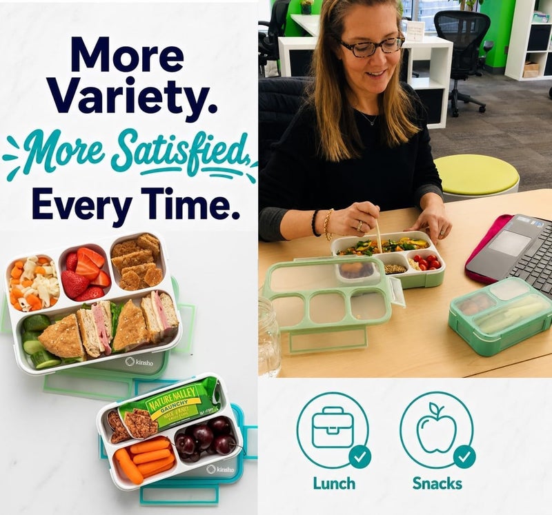kinsho Bento Lunch Box And Snack Container Set For Kids And Adults - Large 4 & Small 3 Divided Food Compartments - Portion Control Meal Prep - Reusable for School Work Travel - 2 Pack Green Blue Set - Image 3