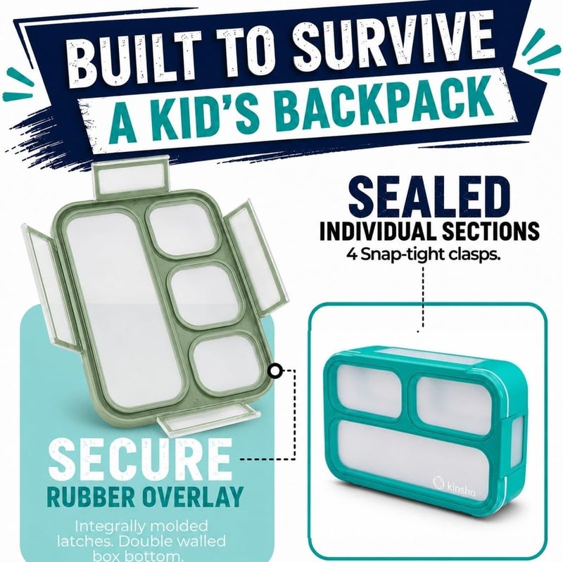 kinsho Bento Lunch Box And Snack Container Set For Kids And Adults - Large 4 & Small 3 Divided Food Compartments - Portion Control Meal Prep - Reusable for School Work Travel - 2 Pack Green Blue Set - Image 2