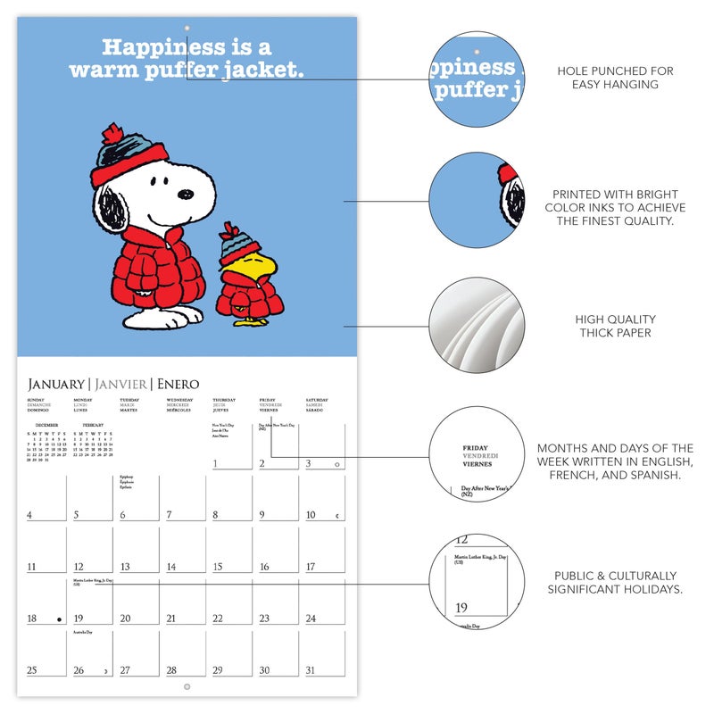 Graphique 2026 Peanuts Wall Calendar | 12â€ x 12â€ | Thick Paper | Home & Office Organizer | Large Monthly Grid | 3 Languages & Marked Holidays | 4 Month Preview Page for 2027 - Image 3
