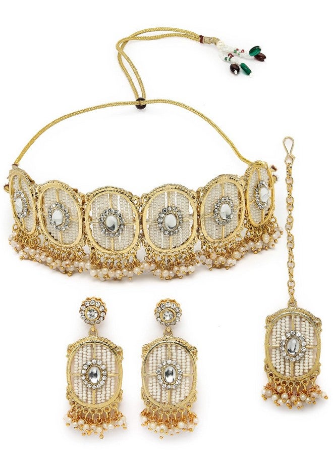 Sukkhi Charming Circular Gold Toned Plated White Beads Choker Necklace Set With Earring And Maangtika | Jewellery Set For Women (NS105545) - Image 1