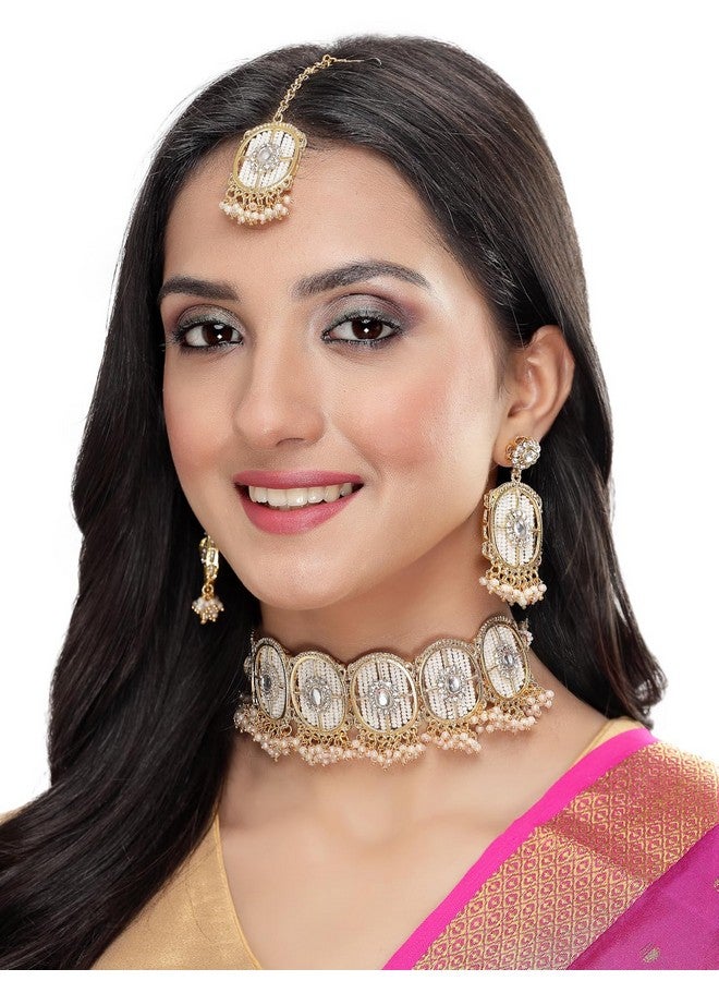 Sukkhi Charming Circular Gold Toned Plated White Beads Choker Necklace Set With Earring And Maangtika | Jewellery Set For Women (NS105545) - Image 2