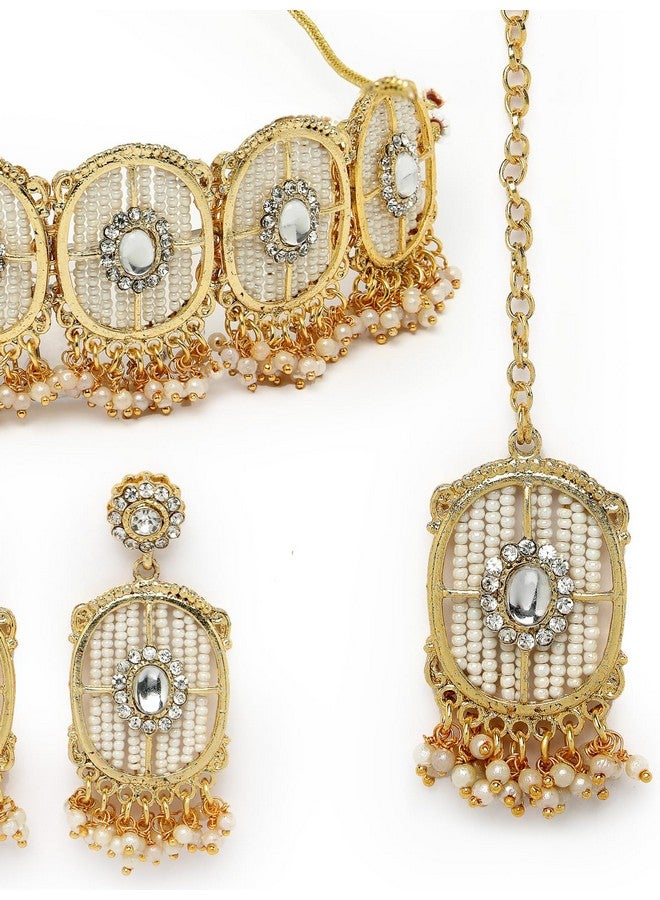 Sukkhi Charming Circular Gold Toned Plated White Beads Choker Necklace Set With Earring And Maangtika | Jewellery Set For Women (NS105545) - Image 5