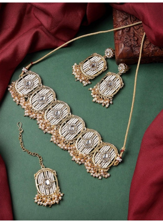Sukkhi Charming Circular Gold Toned Plated White Beads Choker Necklace Set With Earring And Maangtika | Jewellery Set For Women (NS105545) - Image 4