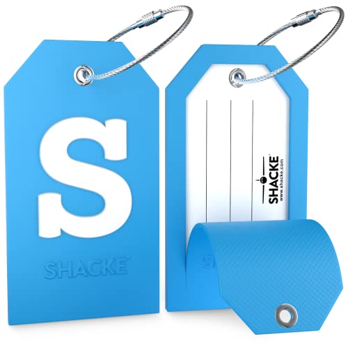 Shacke Initial Luggage Tag with Full Privacy Cover and Stainless Steel Loop - Aqua Teal (Letter S) - Image 2