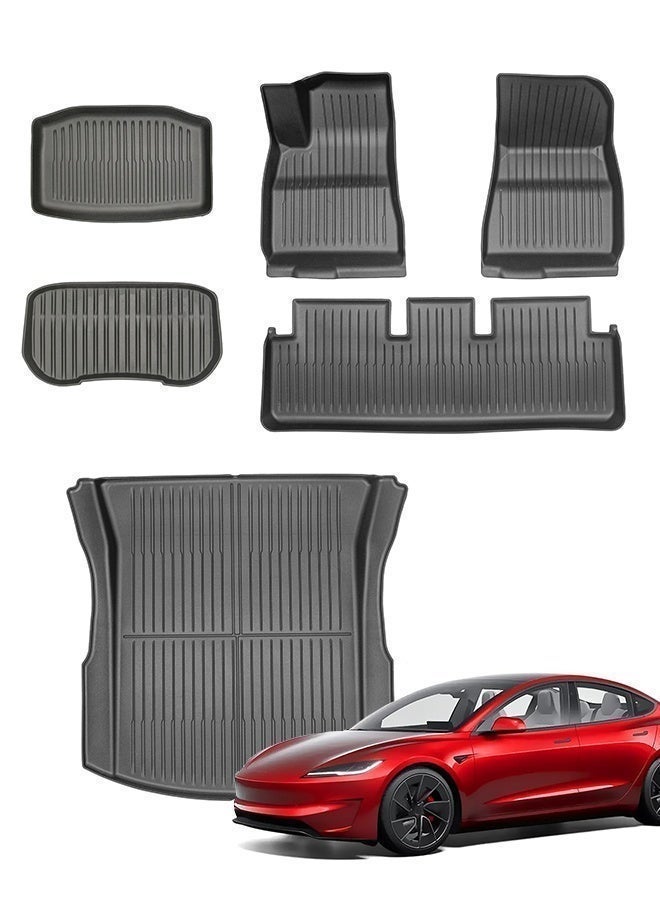 سوبر 5 طقم سجاد أرضية للسيارة مكون من 6 قطع (مادة TPE) - متوافق مع طراز Tesla Model 3 Highland (2024-2026) - بطانة داخلية كاملة، مقاومة للماء والانزلاق، لحماية الأرضية - Image 1