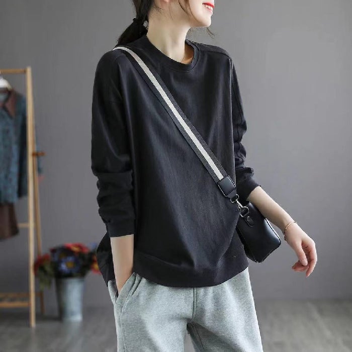 Spring and Autumn New All-match Classic Solid Color Sweatshirt Loose Pullover T-shirt Womens Shoulder Stitching Slimming Simple Long Sleeve Black