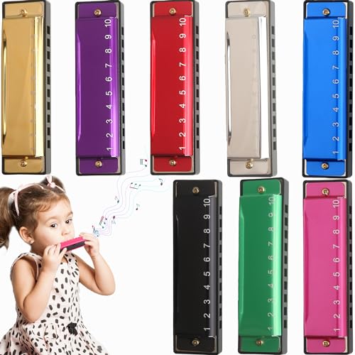 Restroma 8 Pcs Metal Harmonica 10 Hole 10 Tones Titanium Color Harmonica Toys for Kids Beginners Early Education Musical Instruments Birthday Gift - Image 1