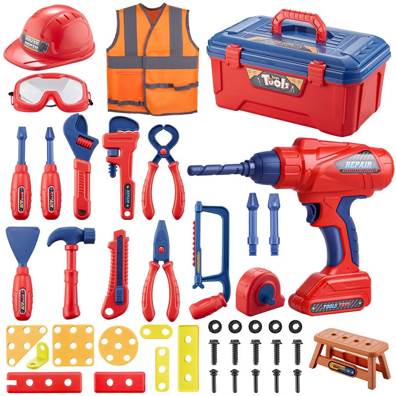 Magic4U Kids Tool Set MAGIC4U 49PCS Toddler Tool Set with Electronic Toy DrillTape Measure 12 Tool EquipmentPretend Play Construction Costume with Safety Vest HatToy Tool Box for Kids Boy Girl Age 38 - Image 2