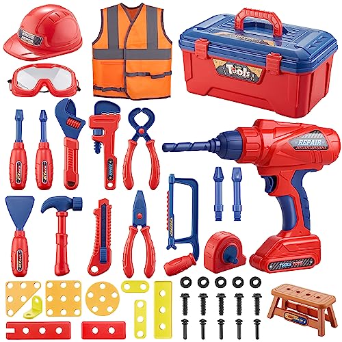 Magic4U Kids Tool Set MAGIC4U 49PCS Toddler Tool Set with Electronic Toy DrillTape Measure 12 Tool EquipmentPretend Play Construction Costume with Safety Vest HatToy Tool Box for Kids Boy Girl Age 38 - Image 1