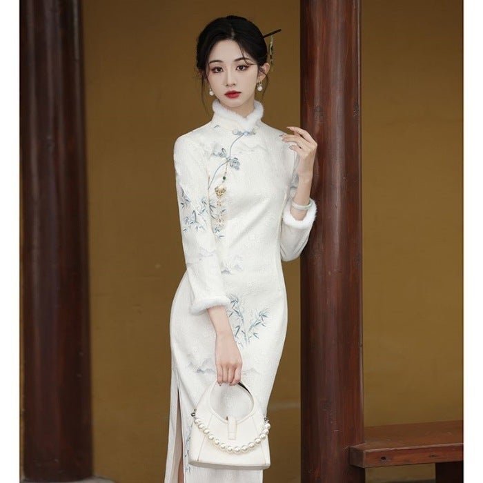 New Chinese Style Improved Cheongsam New Arrival dress Womens Long Sleeve Winter fleece-lined Winter Long Elegant Womens Autumn and Winter Style Picture Color 