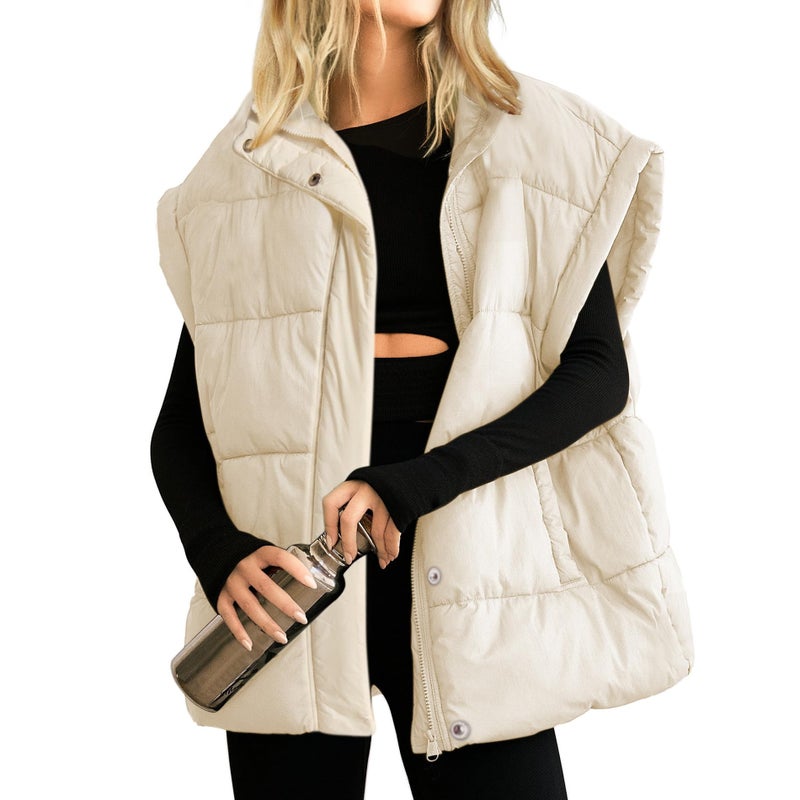 Songling Womens Oversized Puffer Vest Stand Collar Full Zip Sleeveless Bubble Puffer Vest Quilted Padded Warm Coat Outwear (Beige,L) - Image 1