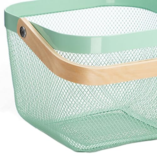 AJIODA Metal Mesh Steel Basket, Storage Organizer Basket Multi-functional Hanging Kitchen Baskets Fruit Basket with Wooden Handle for Kitchen Bathroom Picnic Shopping Decor Cabinet Home, Macaron Blue - Image 4