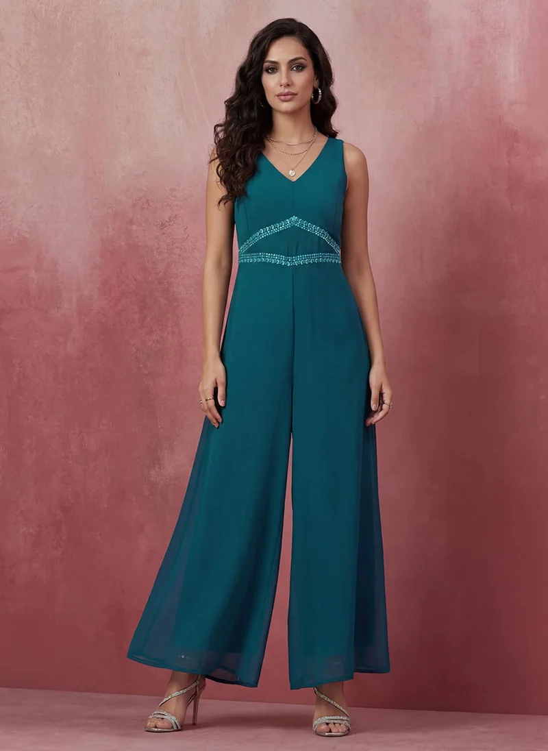 globus Globus Women Teal V-Neck Sleeveless Embroidered Detail Georgette Flared Festive Jumpsuit