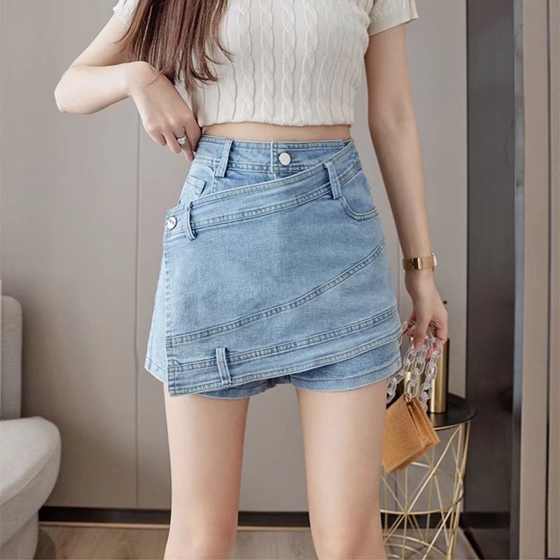 Plus size Denim skirt summer chubby girl slimming pantskirt anti-exposure irregular sheath A- line pure hot girl skirt Blue - Image 1