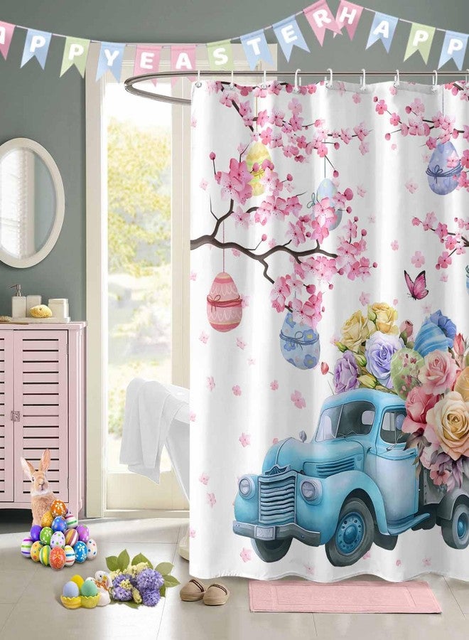 ALAGEO Easter Shower Curtain Blue Truck Eggs Shower Curtains for Bathroom Butterfly Flower Cherry Blossom Bath Curtains Sets for Spring Bathroom Decor Fabric Waterproof Standard 72" X 72" - Image 3