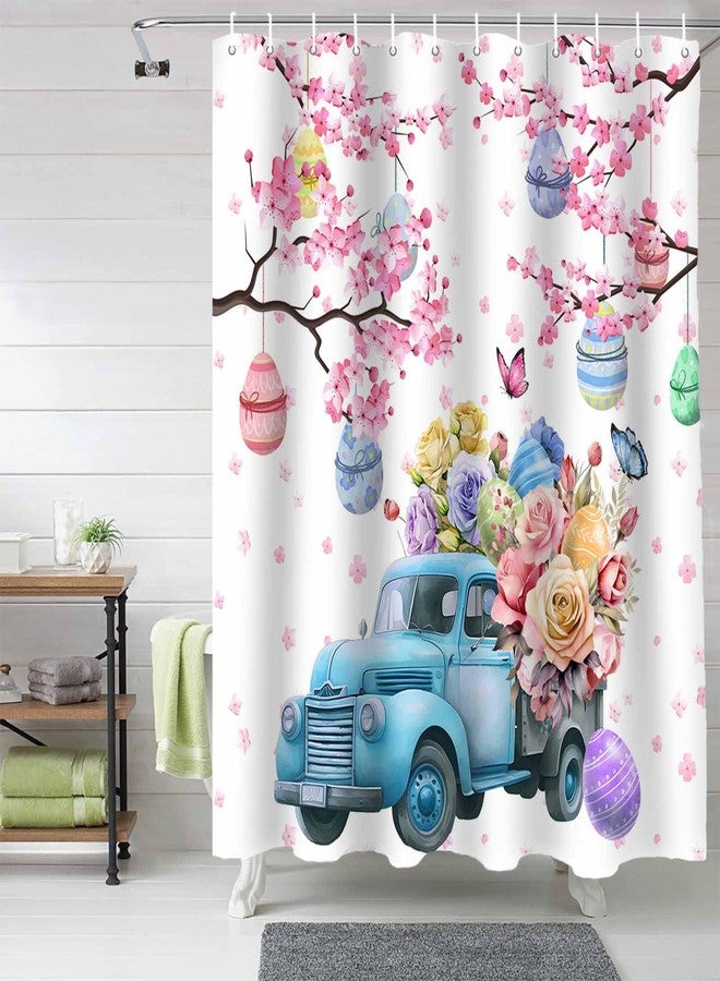 ALAGEO Easter Shower Curtain Blue Truck Eggs Shower Curtains for Bathroom Butterfly Flower Cherry Blossom Bath Curtains Sets for Spring Bathroom Decor Fabric Waterproof Standard 72" X 72" - Image 2