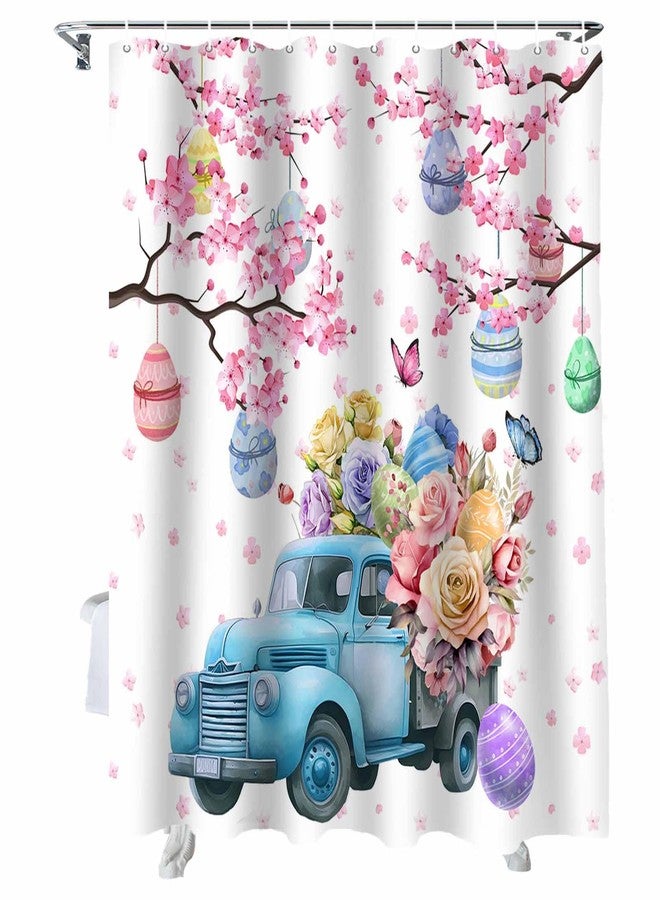 ALAGEO Easter Shower Curtain Blue Truck Eggs Shower Curtains for Bathroom Butterfly Flower Cherry Blossom Bath Curtains Sets for Spring Bathroom Decor Fabric Waterproof Standard 72" X 72" - Image 1