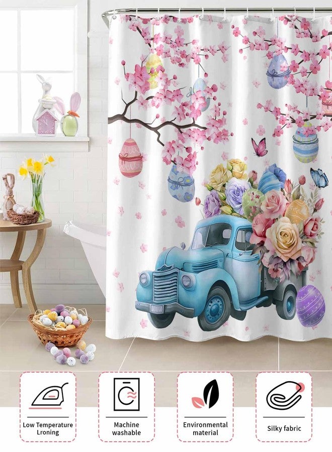 ALAGEO Easter Shower Curtain Blue Truck Eggs Shower Curtains for Bathroom Butterfly Flower Cherry Blossom Bath Curtains Sets for Spring Bathroom Decor Fabric Waterproof Standard 72" X 72" - Image 5