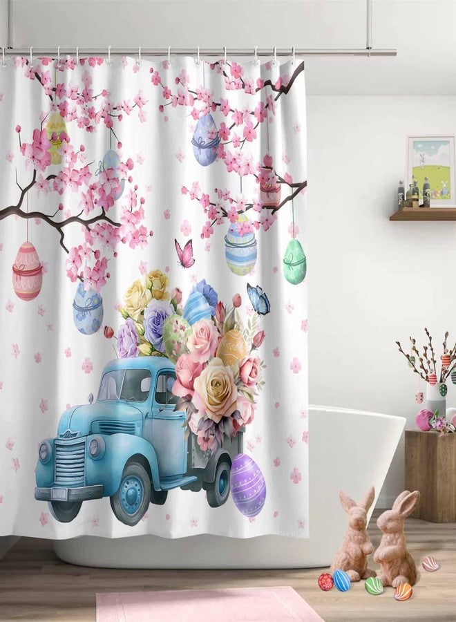 ALAGEO Easter Shower Curtain Blue Truck Eggs Shower Curtains for Bathroom Butterfly Flower Cherry Blossom Bath Curtains Sets for Spring Bathroom Decor Fabric Waterproof Standard 72" X 72" - Image 4