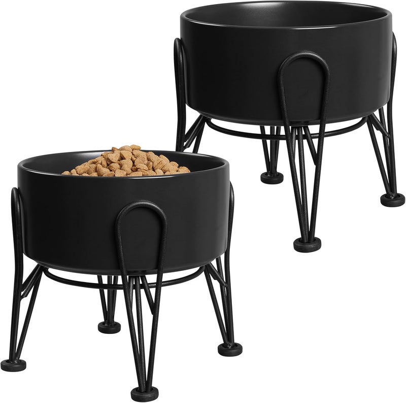 Kitwinney Elevated Dog Bowls, Ceramic Raised Dog Bowl Set with Anti-Slip and Non-Tip Metal Stand, 2 Pack Pet Food and Water Feeding Bowls for Small and Medium Dogs (Black,3.6 Cups) - Image 1