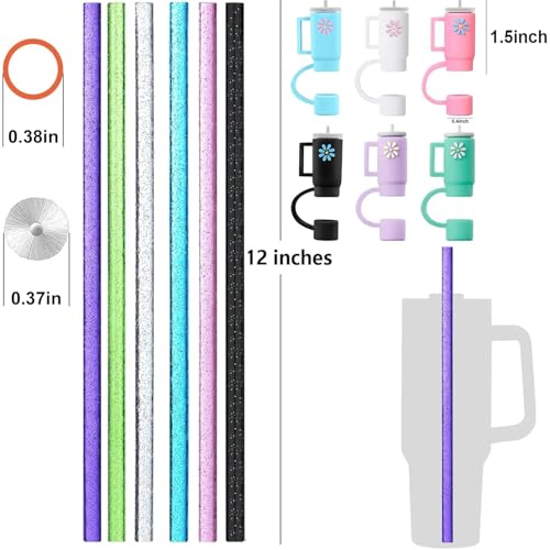 Haundry 12 Pack Replacement Glitter Straws and Covers for 40 oz Stanley Adventure Travel Tumbler Cup, Reusable Glitter Straws with Cleaning Brush, Compatible with 40oz 30oz 20oz 14oz Stanley Water Jug, 12inch - Image 2