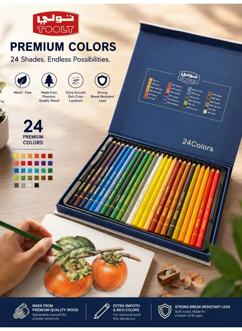 Tooly TOOLY Premium Professional Colored Pencils Set – 24 Rich Colors | Matte Finish Wooden Colored Pencils | Extra Smooth Color Application | Strong Break-Resistant Lead | Premium Metal Storage Case | Ideal for Drawing, Sketching, Coloring & Art