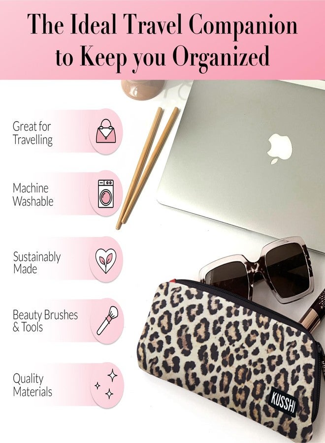 KUSSHI Neoprene Zipper Makeup Brush Pouch and Travel Pencil Case for Beauty Tools, Pencils, Brushes & Small Accessories - Makeup Brush Bag Pouch for Organization and Travel Items (Leopard/Red) - Image 3